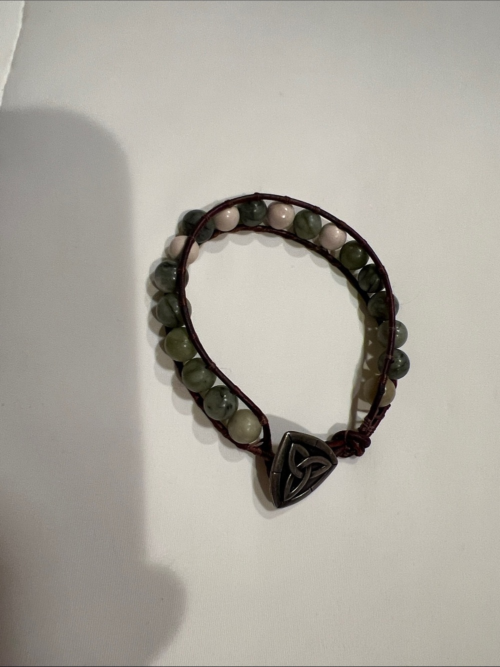 Handcrafted Green and Cream Beaded Wrap Bracelet with Celtic Knot Button